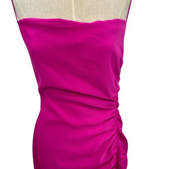 Bhldn Jennings Satin Dress Cowl-Neck‎ Ruched Side-Slit Satin Gown Fuchsia Size 4 - Picture 4 of 16